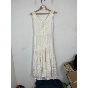Just Cruising White Embroidered Lace Up Boho Midi Dress Rayon India Free Size
